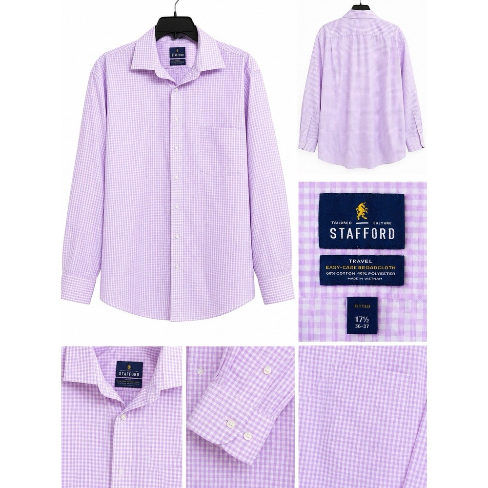 Stafford Men's Fitted Dress Shirt 17.5 36-37 Lavender Gingham Long Sleeve